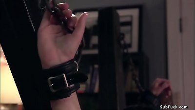 Brunette in bondage fucked and cummed
