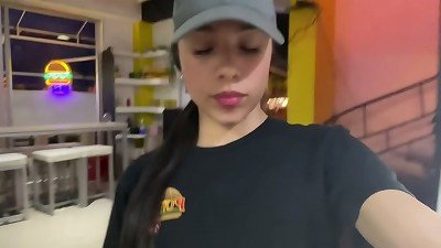 cute waitress can't take it anymore and jacks off in the shower at work - I get creampie