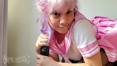 schoolgirl with pink hair rubs her arse on a ebony rod and does oral