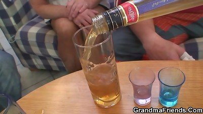 Hot threesome party with blonde old grandma