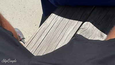 Public and risky, muddy handjob on a bench during hiking