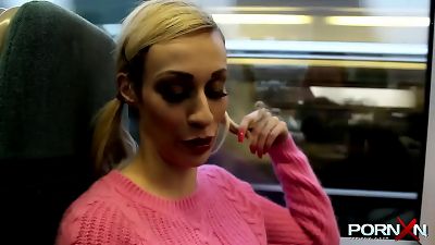 Blonde Chessie Kay walking with wet pants