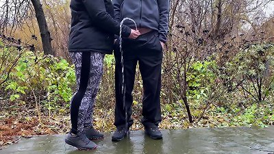 Sports stepmother-in-law after jogging in the park holds son-in-law's shaft